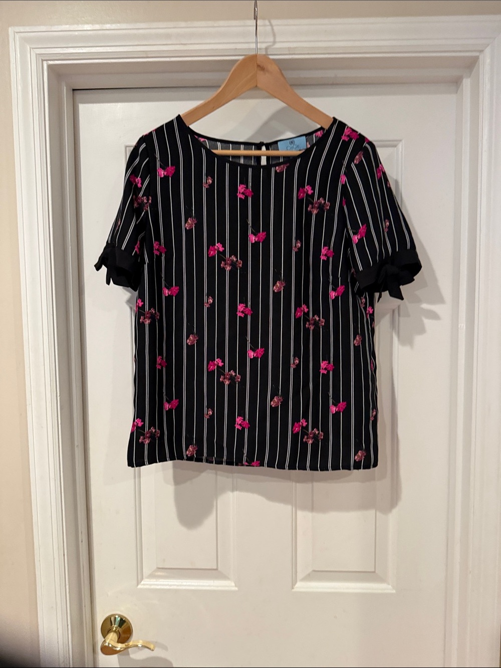 CeCe Black Pinstripe Blouse with Pink Floral Print